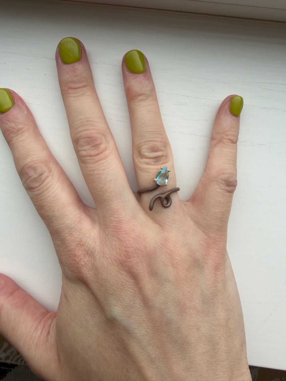 Adjustable Taupe Enamel Open Snake Ring With Blue Teardrop Crystal Accent